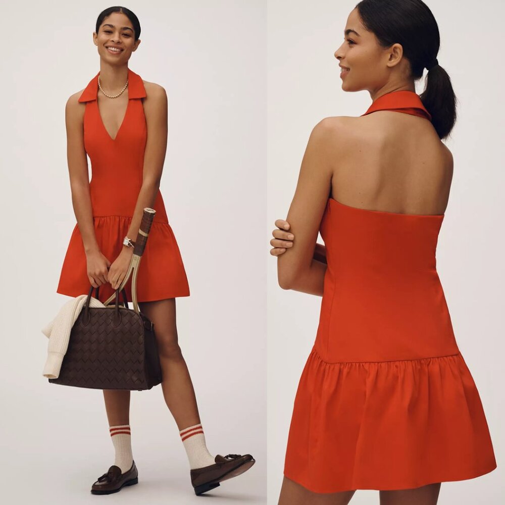 NEW Anthropologie Maeve Halter Drop-Waist Mini Dress Cherry Red Collared V Neck